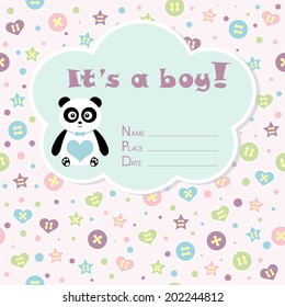 Baby boy arrival card. Baby shower card. Newborn baby card with panda and colorful buttons. Vector illustration. The text is drawn, the text can be removed.