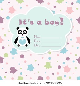 Baby boy arrival card. Baby shower card. Newborn baby card with panda and colorful silhouettes owls. Vector illustration. The text is drawn, the text can be removed.