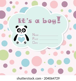 Baby boy arrival card. Baby shower card. Newborn baby card with panda and colorful circles. Vector illustration. The text is drawn, the text can be removed.
