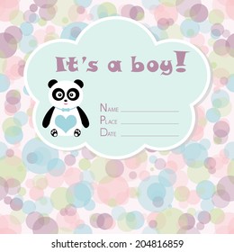 Baby boy arrival card. Baby shower card. Newborn baby card with panda and colorful circles. Vector illustration. The text is drawn, the text can be removed.