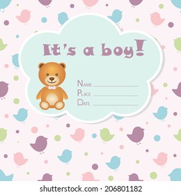 Baby boy arrival card. Baby shower card. Newborn baby card with bear and silhouettes birds. Vector illustration. The text is drawn, the text can be removed.