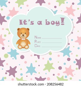 Baby boy arrival card. Baby shower card. Newborn baby card with bear and colorful blobs (blots). Vector illustration. The text is drawn, the text can be removed. 
