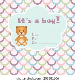 Baby boy arrival card. Baby shower card. Newborn baby card with bear and colorful circles. Vector illustration. The text is drawn, the text can be removed.