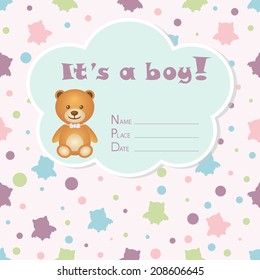 Baby boy arrival card. Baby shower card. Newborn baby card with bear and colorful silhouettes owls. Vector illustration. The text is drawn, the text can be removed.