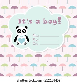 Baby boy arrival card. Baby shower card. Newborn baby card with panda and colorful umbrellas. Vector illustration. The text is drawn, the text can be removed. 