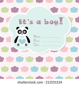 Baby boy arrival card. Baby shower card. Newborn baby card with panda and colorful clouds. Vector illustration. The text is drawn, the text can be removed. 