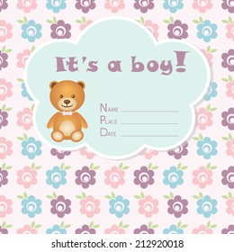 Baby boy arrival card. Baby shower card. Newborn baby card with bear and colorful flowers. Vector illustration. The text is drawn, the text can be removed. 
