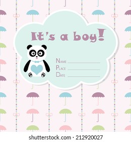 Baby boy arrival card. Baby shower card. Newborn baby card with panda, colorful umbrella and bows on a colorful strips background. Vector illustration. The text is drawn, the text can be removed. 