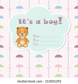 Baby boy arrival card. Baby shower card. Newborn baby card with bear, colorful umbrella and bows on a colorful strips background. Vector illustration. The text is drawn, the text can be removed. 