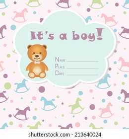 Baby boy arrival card. Baby shower card. Newborn baby card with bear and rocking horses. Vector illustration. The text is drawn, the text can be removed. 