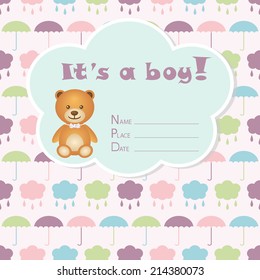 Baby boy arrival card. Baby shower card. Newborn baby card with bear, colorful umbrellas and clouds with drops. Vector illustration. The text is drawn, the text can be removed. 