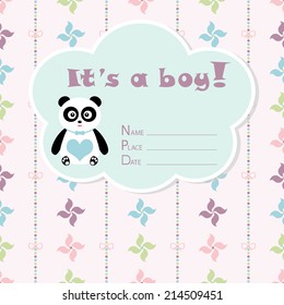 Baby boy arrival card. Baby shower card. Newborn baby card with panda, colorful pinwheels and bows on a colorful strips background. The text is drawn, the text can be removed. 