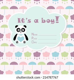 Baby boy arrival card. Baby shower card. Newborn baby card with panda, colorful umbrellas and clouds with drops. Vector illustration. The text is drawn, the text can be removed. 