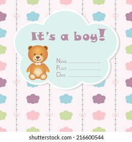 Baby boy arrival card. Baby shower card. Newborn baby card with bear, colorful clouds and bows on a colorful strips background. The text is drawn, the text can be removed. 