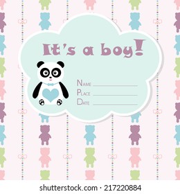 Baby boy arrival card. Baby shower card. Newborn baby card with panda and colorful bears. Vector illustration. The text is drawn, the text can be removed. 