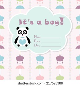 Baby boy arrival card. Baby shower card. Newborn baby card with panda, colorful clouds with drops, umbrellas and bows on a colorful strips background. The text is drawn, the text can be removed. 