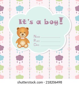 Baby boy arrival card. Baby shower card. Newborn baby card with bear, colorful clouds with drops and bows on a colorful strips background. The text is drawn, the text can be removed. 