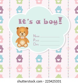 Baby boy arrival card. Baby shower card. Newborn baby card with bear, colorful houses and bows on a colorful strips background. Vector illustration. The text is drawn, the text can be removed.