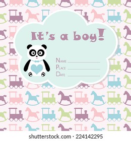 Baby boy arrival card. Baby shower card. Newborn baby card with panda and colorful baby train and colorful baby rocking horse. Vector illustration. The text is drawn, the text can be removed. 