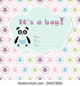 Baby boy arrival card. Baby shower card. Newborn baby card with panda and colorful owl (owlet) in circles. Vector illustration. The text is drawn, the text can be removed. 