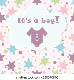 Baby boy arrival card. Baby shower card. Newborn baby card with baby clothes and background with colorful blots. Vector illustration. The text is drawn, the text can be removed. 