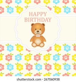 Baby boy arrival card. Baby shower card. Newborn baby card with teddy bear and background with colorful flowers. Vector illustration. The text is drawn, the text can be removed.