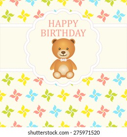 Baby boy arrival card. Baby shower card. Newborn baby card with teddy bear and background with colorful baby pinwheels. Vector illustration. The text is drawn, the text can be removed. 