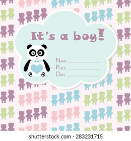 Baby boy arrival card. Baby shower card. Newborn baby card with panda and colorful bears. Vector illustration. The text is drawn, the text can be removed. 