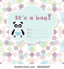 Baby boy arrival card. Baby shower card. Newborn baby card with baby panda and colorful kaleidoscope. Vector illustration. The text is drawn, the text can be removed. 