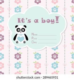 Baby boy arrival card. Baby shower card. Newborn baby card with panda, colorful flowers and bows on a colorful strips background. Vector illustration. The text is drawn, the text can be removed. 