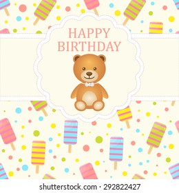 Baby boy arrival card. Baby shower card. Newborn baby card with teddy bear and background with colorful ice cream. Vector illustration. The text is drawn, the text can be removed.