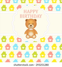 Baby boy arrival card. Baby shower card. Newborn baby card with teddy bear and background with colorful houses. Vector illustration. The text is drawn, the text can be removed.