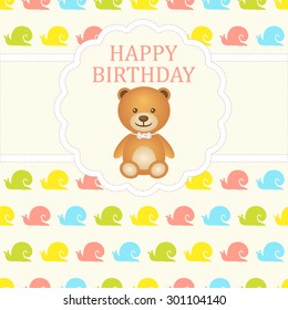 Baby boy arrival card. Baby shower card. Newborn baby card with teddy bear and background with colorful snails. Vector illustration. The text is drawn, the text can be removed. 