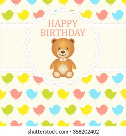 Baby boy arrival card. Baby shower card. Newborn baby card with teddy bear and background with colorful baby birds. Vector illustration. The text is drawn, the text can be removed.