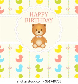 Baby boy arrival card. Baby shower card. Newborn baby card with teddy bear and background with bows on a colorful strips background and colorful ducks. The text is drawn, the text can be removed.