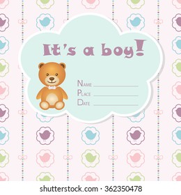 Baby boy arrival card. Baby shower card. Newborn baby card with teddy bear, colorful baby birds in circles and bows on a colorful strips background. The text is drawn, the text can be removed. 