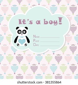 Baby boy arrival card. Baby shower card. Newborn baby card with panda, colorful baby balloons. Vector illustration. The text is drawn, the text can be removed. 