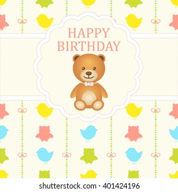 Baby boy arrival card. Baby shower card. Newborn baby card with teddy bear and background with bows, colorful strips and colorful birds and owls. The text is drawn, the text can be removed.