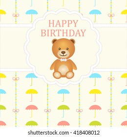 Baby boy arrival card. Baby shower card. Newborn baby card with teddy bear and background with bows, colorful strips and colorful umbrellas. The text is drawn, the text can be removed.