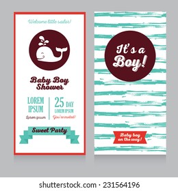 baby boy arrival cards template with hand drawn marine stripes ornament and cute whale, vector illustration