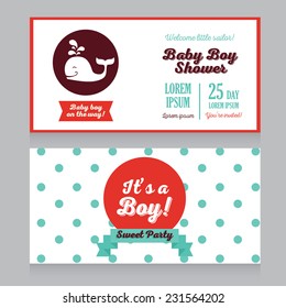 baby boy arrival cards template with polka dot ornament and cute whale, vector illustration 