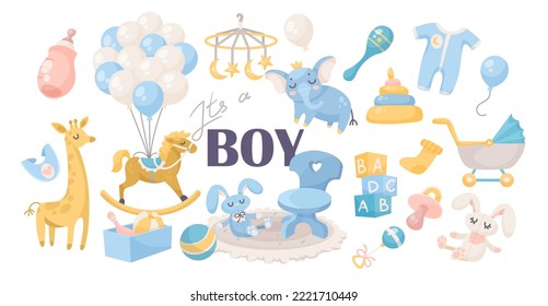 Baby boy arrival elements vector illustrations set. Cute and funny decorative objects for birth celebration, children toys isolated on white background. Baby shower, childhood, decoration concept