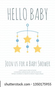 Baby Boy Arrival And Shower Invitation Template With Cot Mobile With Blue Circles And Yellow Stars.