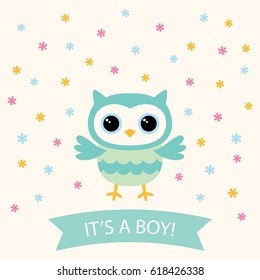 Baby boy arrival vector card with a cute cartoon owl