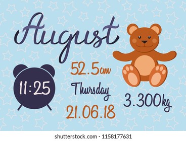 Baby boy August metrics, hand drawn typography ribbon lettering poster. Vector illustration with time, day date, weight, body length of newborn. Greeting card template. Text on blue background.