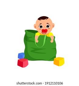 Baby boy and a bag. Naughty children behavior. Little kid tricks. Child plays and grows. Funny character. Editable vector illustration in a flat cartoon style isolated on a white background. 