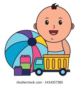 baby boy with ball truck blocks toys vector illustration