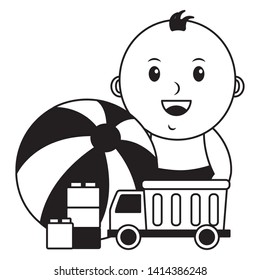 baby boy with ball truck blocks toys vector illustration