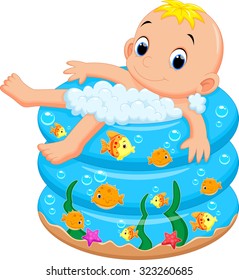 Baby boy bath in a bathtub with lot of soap 