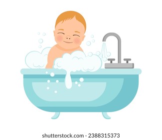 Baby boy in a bath with foam. Baby shower illustration. Design for baby hygiene products. Vector